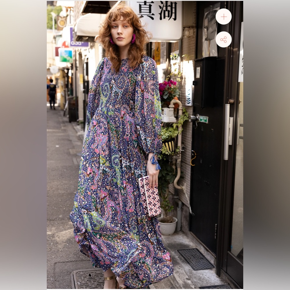 Oliphant Long Sleeve Maxi Dress in Purple and Pink Paisley Print